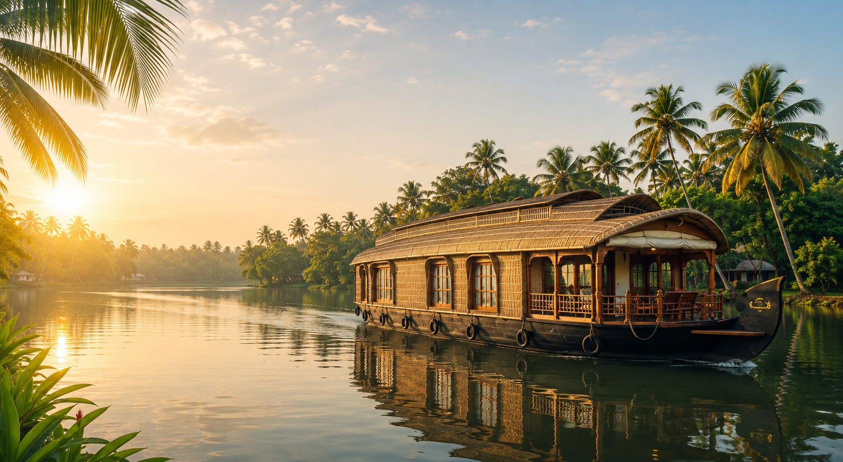 Authentic traditional Kerala houseboat cruising through calm Alleppey backwaters during golden hour